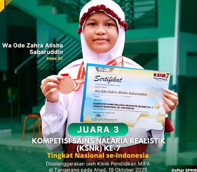Wa Ode Zahra Raih Juara 3 dalam Kompetisi Sains Nalaria Realistik